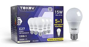 Набор ПРОМО лампа светодиодная 15Вт А60 3000К Е27 176-264В (Promo 5+1 шт) TOKOV ELECTRIC Promo-A60-E27-15-3K