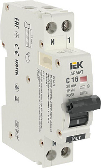 Выключатель автоматический дифференциального тока 2п (1P+N) C 16А 30мА тип AC АВДТ B06S 18мм ARMAT IEK AR-B06S-1N-C16C030