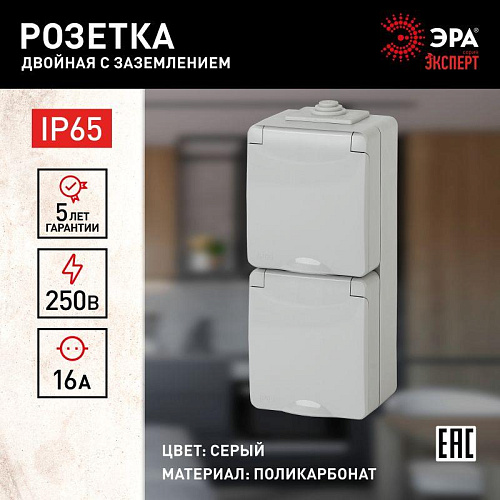 Розетка 2-м ОП Эра Эксперт 11-2607-03 16А IP65 верт. 250В 2х2P+E сер. Эра Б0036002