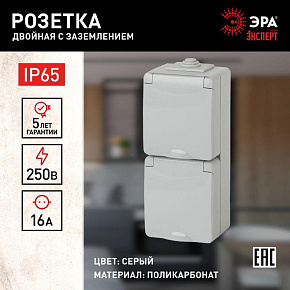 Розетка 2-м ОП Эра Эксперт 11-2607-03 16А IP65 верт. 250В 2х2P+E сер. Эра Б0036002